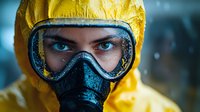 Close up portrait of person wearing yellow hazmat suit, protective goggles and respirator mask during emergency situation with water drops on protective gear.