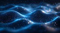 Abstract blue glowing waves with particles and bokeh effects on dark background, flowing dynamic curves create futuristic technology visualization.