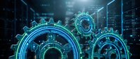 Glowing neon gears and cogs with digital code and cityscape background, representing technology, innovation, and industrial automation systems.