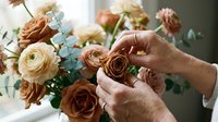 Professional florist hands arranging elegant bouquet with roses, ranunculus and eucalyptus in soft natural light for wedding or special occasion design.