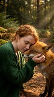 Young redhead woman in green sweater embracing red fox in autumn forest with warm sunlight filtering through trees creating magical wildlife connection moment.