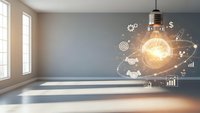 Glowing lightbulb with business icons floating in modern office room representing innovation, creativity, and entrepreneurial ideas for startup success.