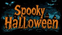 Orange glowing Halloween text against dark night sky with haunted house silhouette and flying bats, grunge textured lettering creates eerie holiday atmosphere.