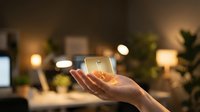 Hands holding glowing light bulb with warm bokeh office background, representing innovation, energy efficiency, sustainable business ideas and creative solutions.