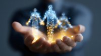 Glowing digital figures made of connected dots and lines floating above cupped hands, symbolizing technology, connectivity and human relationships in modern digital age.
