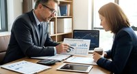 Middle-aged Caucasian businessman and businesswoman analyzing financial data on laptop in modern office setting for corporate meeting and strategy planning.