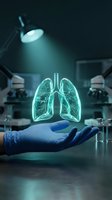 Glowing holographic lungs floating above doctor hand in blue medical gloves in modern hospital laboratory for respiratory health and pulmonology research.