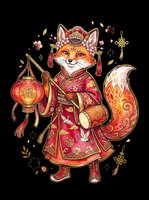 Festive fox character wearing traditional red and gold ceremonial robe with ornate lantern, isolated on transparent background. Ready for t-shirt design, clipart, stickers, sublimation, and print-on-demand products.