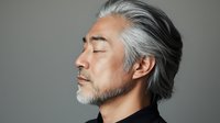 Profile portrait of mature Asian man with gray hair and beard against neutral background, eyes closed in peaceful expression showing mindfulness and serenity.