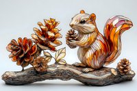 Decorative autumn squirrel figurine with pinecones on driftwood branch, featuring warm orange and brown tones in glass-like artistic style. Seasonal home decor piece.