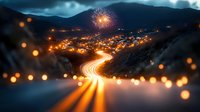 Magical nighttime mountain town with light trails from cars on winding road, fireworks bursting in dark sky, and glowing bokeh lights creating dreamy atmosphere.