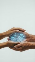 Protective hands cupping glowing digital waves and sound frequencies on neutral background for healthcare technology and wellness concepts.