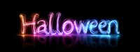 Glowing multicolored neon Halloween text with reflection effect on dark background, colorful gradient from pink to blue letters creating spooky atmosphere.