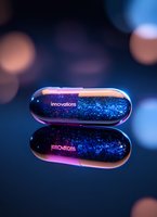 Glowing futuristic pill capsule with sparkles inside on reflective surface against dark background with bokeh lights, creating magical medical concept.