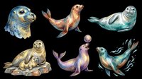 Watercolor sea lions and seals clipart set, isolated on transparent background. Six cute marine mammals in various poses, ready for stickers, t-shirt design, and print on demand.