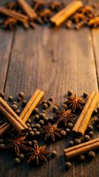 Cinnamon sticks, star anise, and allspice berries arranged on rustic wooden surface for culinary and cooking projects.