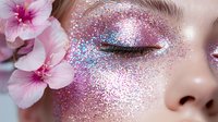 Close up of woman's eye with pink and blue glitter makeup art, closed eyelid decorated with sparkles, pink cherry blossom flowers adding romantic spring mood.