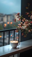 Cappuccino with latte art on balcony railing with blooming cherry blossom branch and city bokeh lights in evening atmosphere, cozy spring mood setting.