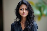 Portrait of young South Asian woman with long dark wavy hair wearing black shirt against soft blurred background. Natural beauty concept for lifestyle content.