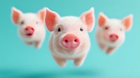 Adorable pink piglets floating on turquoise background, close up view of smiling pig faces with cute snouts and perky ears. Playful farm animal composition.