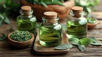 Green herbal essential oil in glass bottles with cork stoppers on wooden surface, fresh herbs and leaves scattered around for natural wellness and aromatherapy.