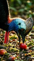 Southern cassowary bird with vibrant blue and black plumage eating fallen fruit on rainforest floor in natural habitat wildlife photography.