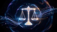 Digital justice scales with glowing energy waves and light effects on dark background for legal technology and law firm concepts.