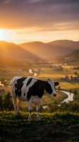 Holstein dairy cow grazing on hillside pasture at golden hour sunset with mountain valley landscape and warm orange sky for agriculture and farming concepts.