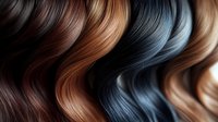 Luxurious wavy hair swatches in various natural and fashion colors including brown, blonde, and blue tones showing professional salon color palette and texture.