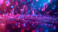 Glowing musical notes float in pink and blue bokeh lights against dark background with reflective surface creating magical atmosphere for entertainment design.