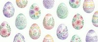 Watercolor Easter eggs with floral patterns and decorative designs on white background. Spring holiday celebration elements for greeting cards and crafts.