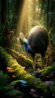 Southern cassowary bird foraging in lush rainforest with golden sunlight streaming through trees and moss-covered logs creating magical woodland atmosphere.
