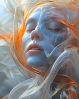 Ethereal artistic portrait featuring luminous white sculptural face with flowing orange and white ethereal elements, perfect for beauty, spirituality, or modern art projects.