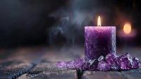 Purple burning candle surrounded by amethyst crystals on dark wooden surface with rising smoke and mystical atmosphere, suitable for spiritual and wellness designs.