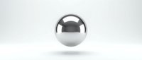 Metallic chrome sphere floating above white surface with soft shadow and reflection creating minimalist modern design element for contemporary graphics.