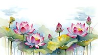 Watercolor lotus flowers with pink petals and green leaves on white background, botanical art with dripping paint effects for meditation and wellness designs.