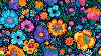 Vibrant floral seamless pattern with colorful folk art style blooms in orange, purple, blue and pink on dark background. Repeating botanical design for fabric.