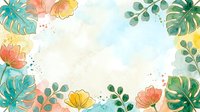 Watercolor tropical flowers and monstera leaves frame a light background with splashes, creating a botanical border design suitable for invitations, greeting cards, and web graphics.