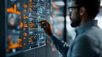 African American male professional analyzing digital data visualization on transparent screen with orange graphs and charts in modern office environment.