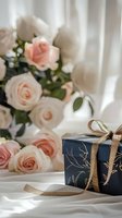 Elegant pink and white roses bouquet with navy blue gift box decorated with gold ribbon on white silk fabric, creating romantic celebration setting.
