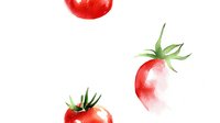 Fresh red tomatoes with green stems and leaves painted in delicate watercolor style on white background, isolated botanical food illustration for kitchen decor.