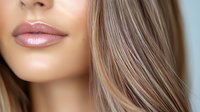 Close up view of plump glossy lips and smooth skin with long flowing blonde hair, beauty and cosmetics concept for makeup and skincare advertising.