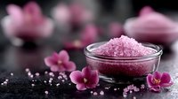 Pink aromatic bath salt in glass bowl with scattered orchid flowers on dark background, spa wellness composition for relaxation and beauty care.