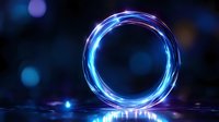 Glowing neon blue circle ring with light trail effect floating over reflective surface against dark background with bokeh lights, futuristic portal design.
