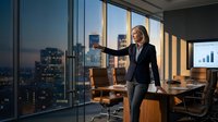Confident senior Caucasian businesswoman in suit standing in modern boardroom, pointing at city skyline at dusk, leading corporate meeting.