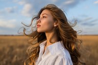 Young Asian woman with flowing hair in white shirt standing in golden wheat field at sunset, wind blowing through her hair as she gazes upward with serene expression.