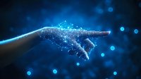 Glowing digital hand reaching forward with network connections and light particles against dark blue background, representing artificial intelligence and future technology.