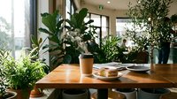 Wooden desk with coffee cup, notebook, and potted plants near bright window in modern office workspace with natural sunlight and greenery for productivity and wellness.