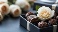 Elegant cream rose adorns luxury box of artisanal chocolate truffles with white ribbon. Dark chocolate bonbons with decorative swirls create romantic gift presentation.