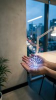 Hands holding glowing holographic diamond symbol in modern office workspace with city lights background for business innovation and technology concepts.